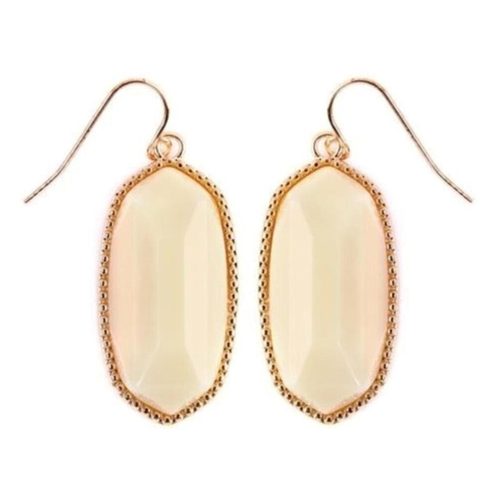 New Boutique Off White Stone Gold Trim Hexagon Dangle Drop Earrings